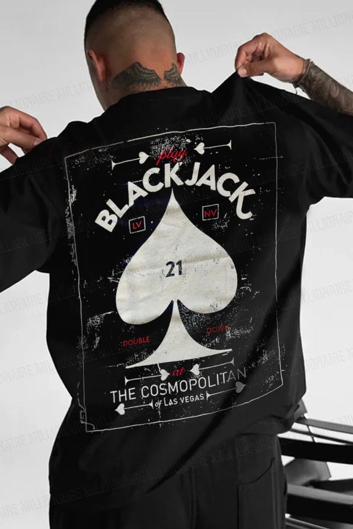 Blackjack Baskılı Oversize Erkek Tişört – Siyah