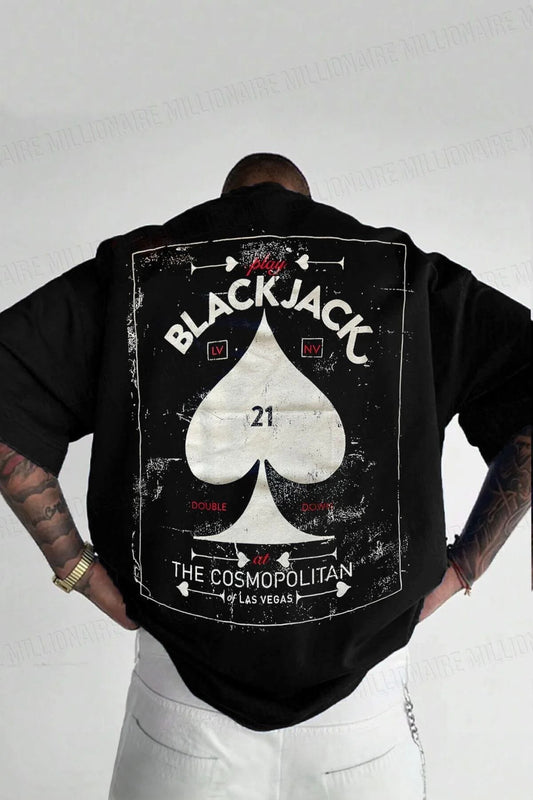 Blackjack Baskılı Oversize Erkek Tişört – Siyah